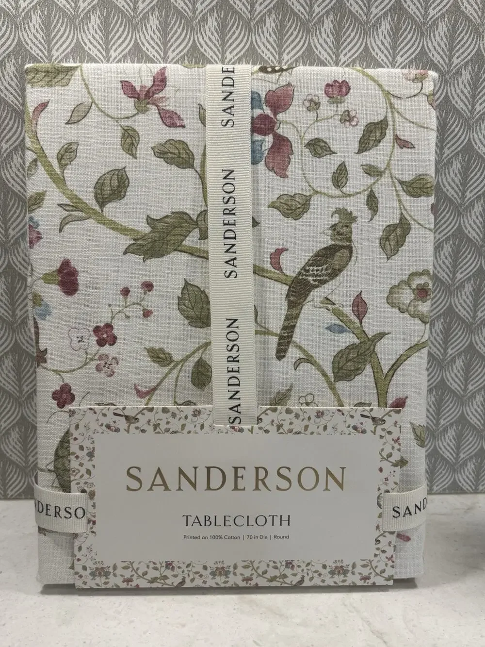 Sanderson Tablecloth 70” Round Aril's Garden Floral Birds 100% Cotton NEW